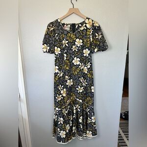 Hilo Hattie Hawaii Black Floral Maxi VTG Muumuu Shirred Sleeve Dress Size 6